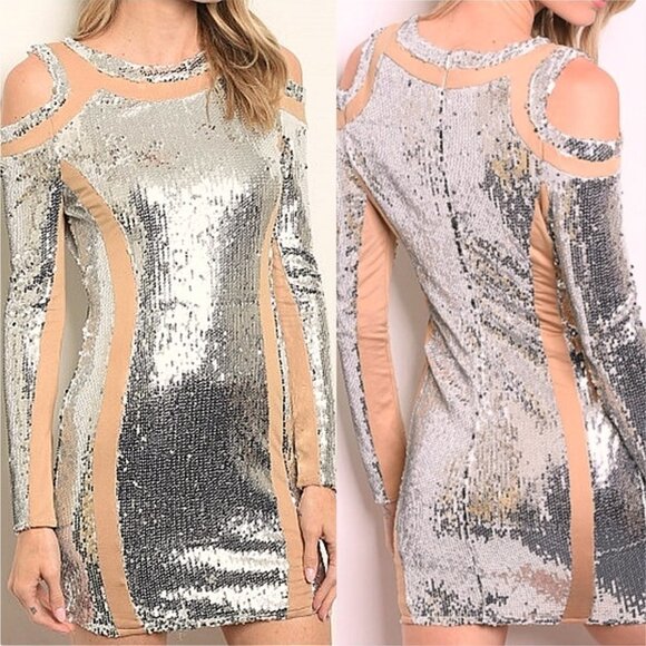 Dress Bodycon MINI SILVER SEQUIN MINI DRESS - Picture 1 of 5